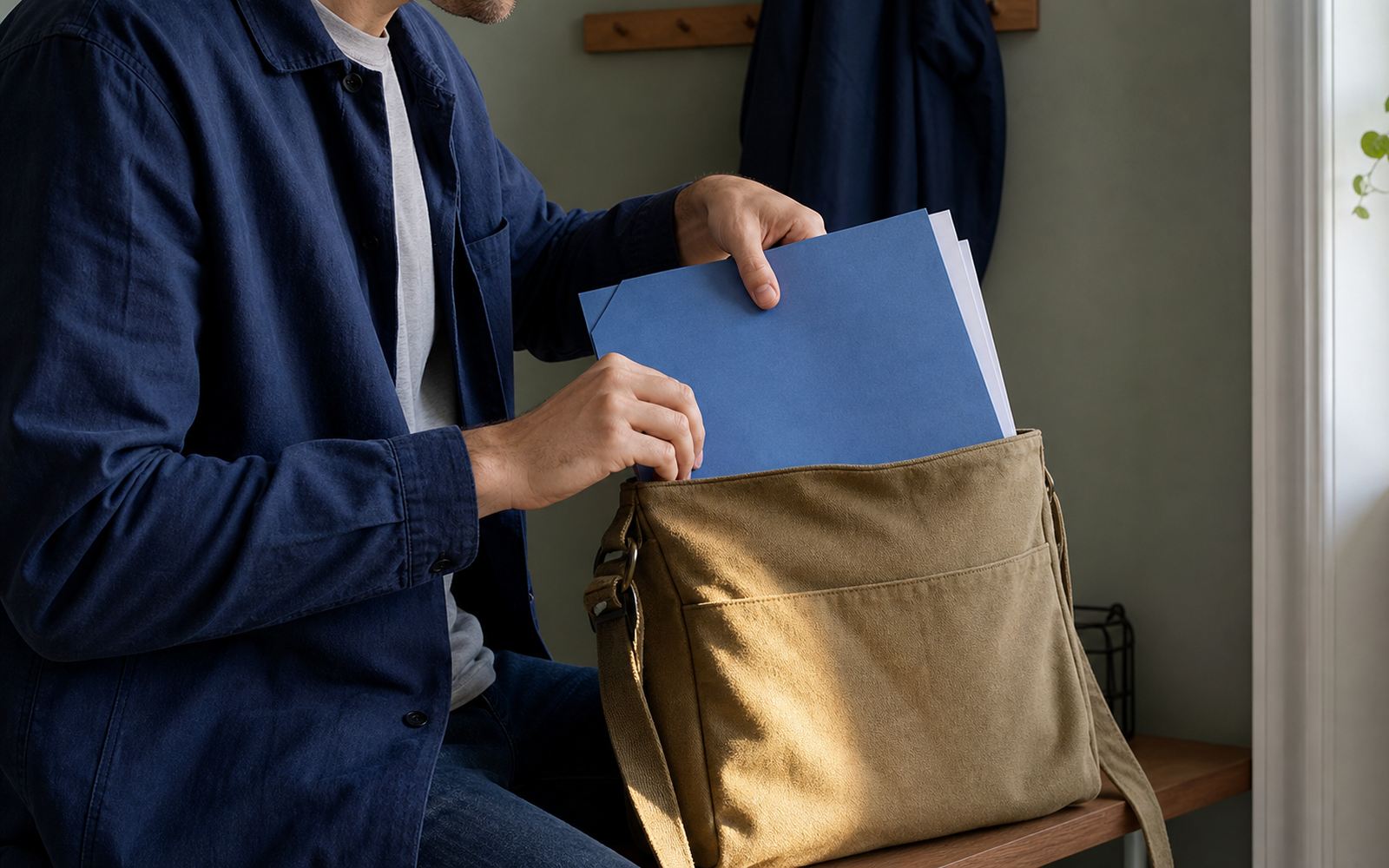 Symbolbild: Person packt eine blaue Sammelmappe mit blanken Unterlagen in eine Stofftasche
