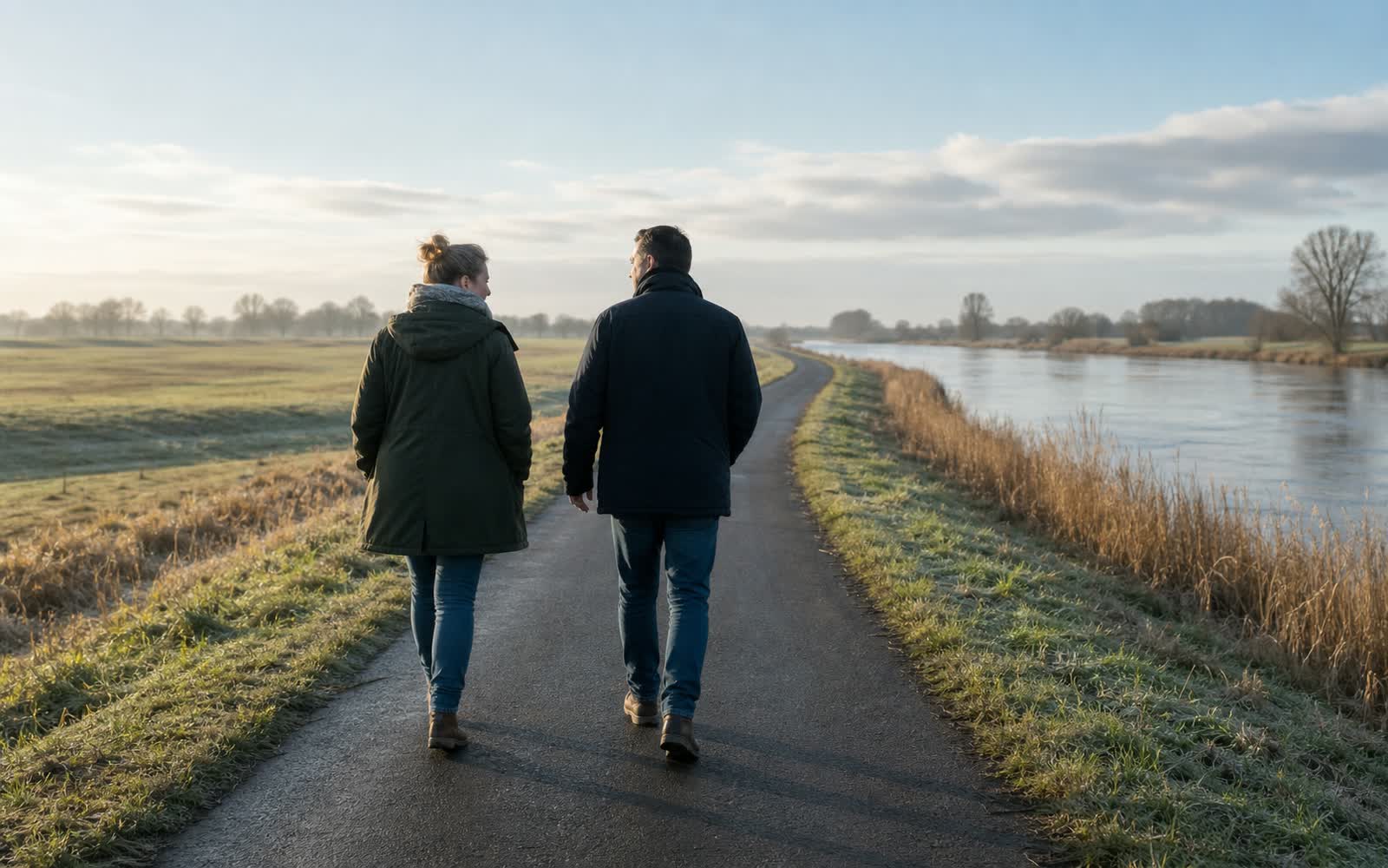 Symbolbild: Zwei Menschen gehen auf einem Uferweg am Fluss, von hinten, weites flaches Land, früher Morgen
